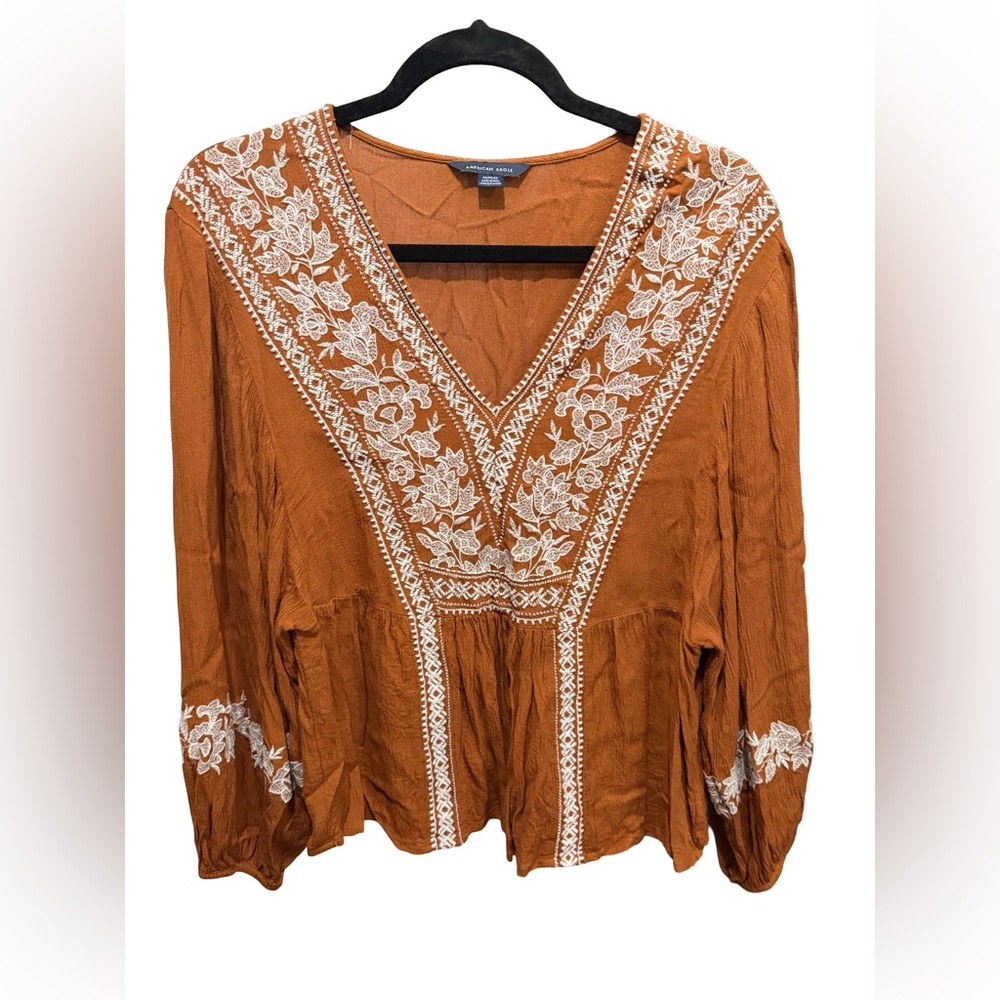 American Eagle Outfitters Orange Blouse with White Embroidery